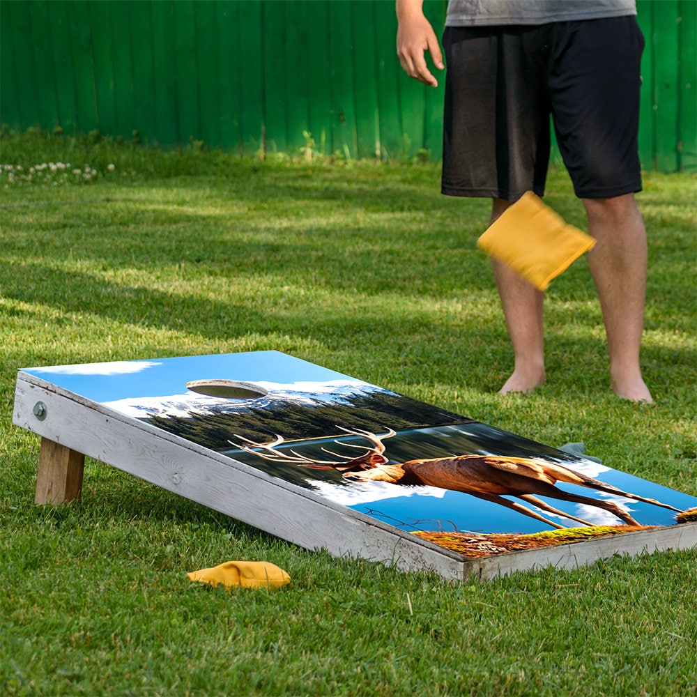 Cornhole Board Wraps and Decals for Boards Set of 2 Skins Professional Vinyl Sticker - Buck on Quiet Lake Art Lake House Decal