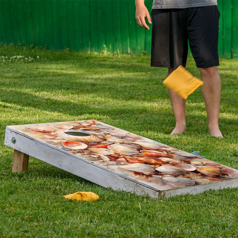 Cornhole Board Wraps and Decals for Boards Set of 2 Skins Professional Vinyl Sticker - Beautiful Shells Painting Art Beach House Decal