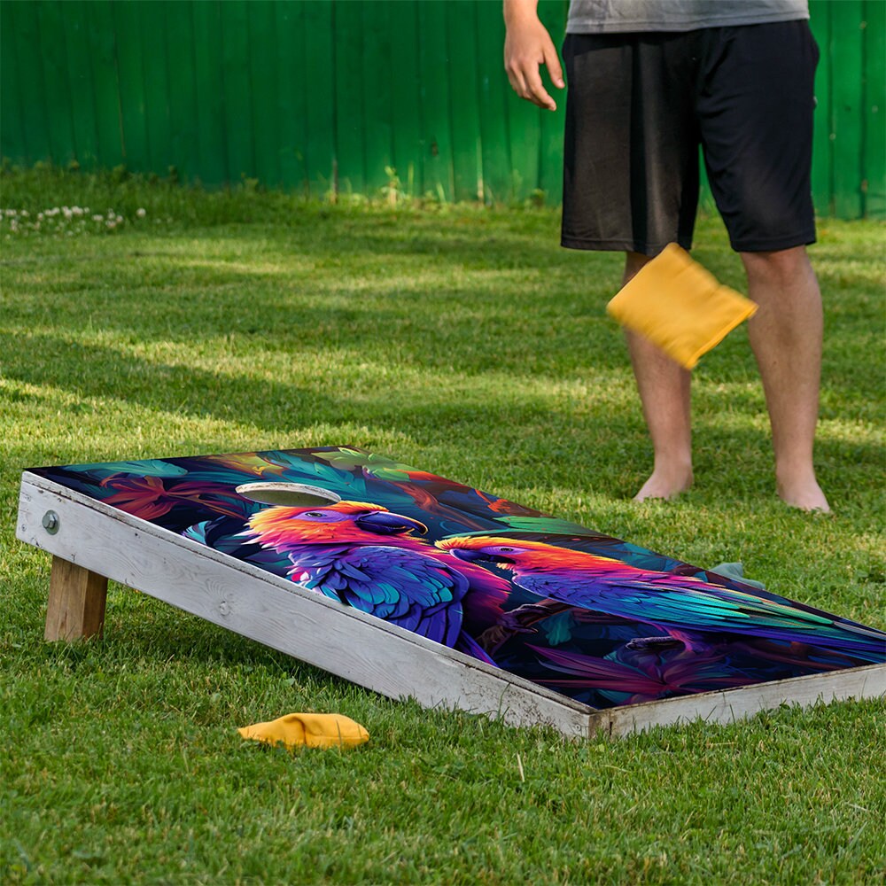 Cornhole Board Wraps and Decals for Boards Set of 2 Skins Professional Vinyl Covers Sticker - Colorful Parrots Art Decal