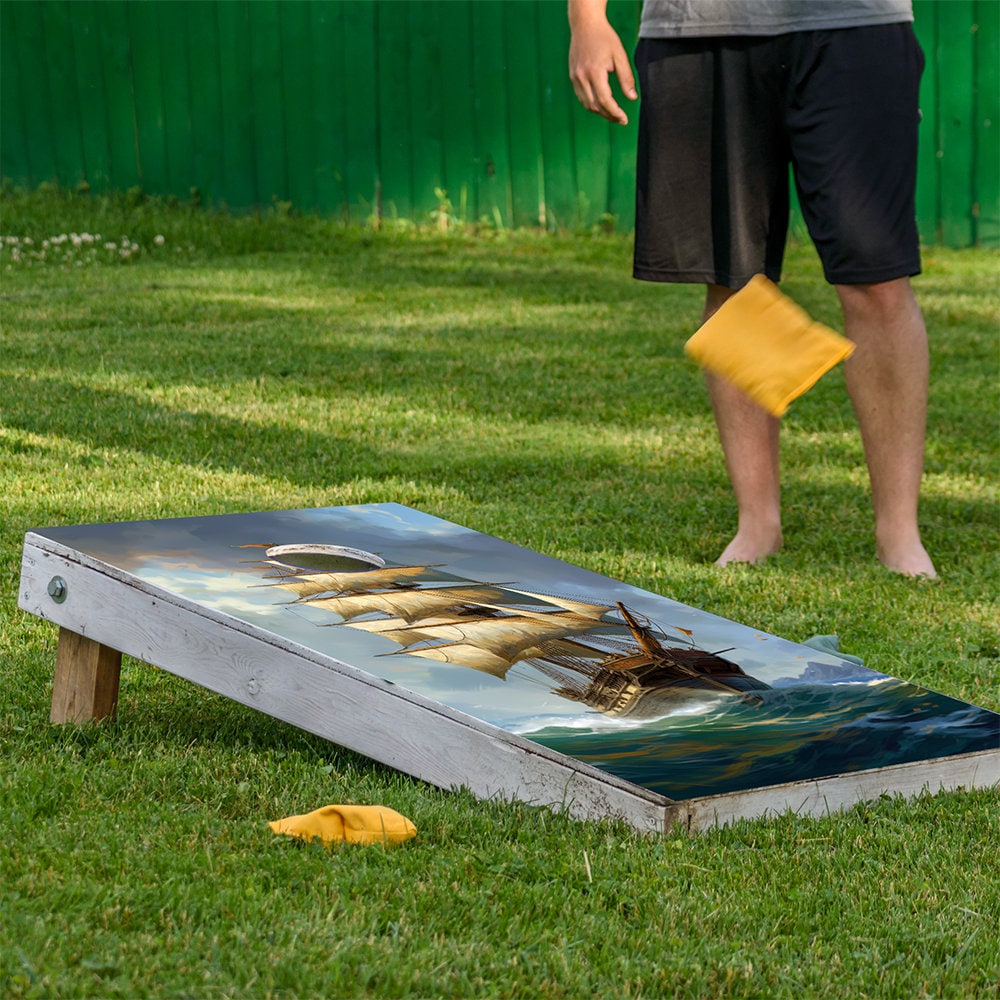 Cornhole Board Wraps and Decals for Boards Set of 2 Skins Professional Vinyl Covers Sticker - Vintage Sailing Ships Painting Style Art Decal