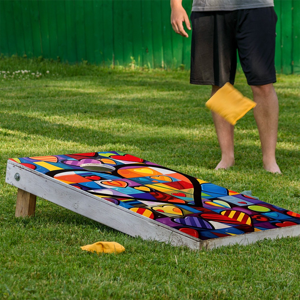 Cornhole Board Wraps and Decals for Boards Set of 2 Skins Professional Vinyl Covers Sticker - Heart to Heart Painting Art Decal