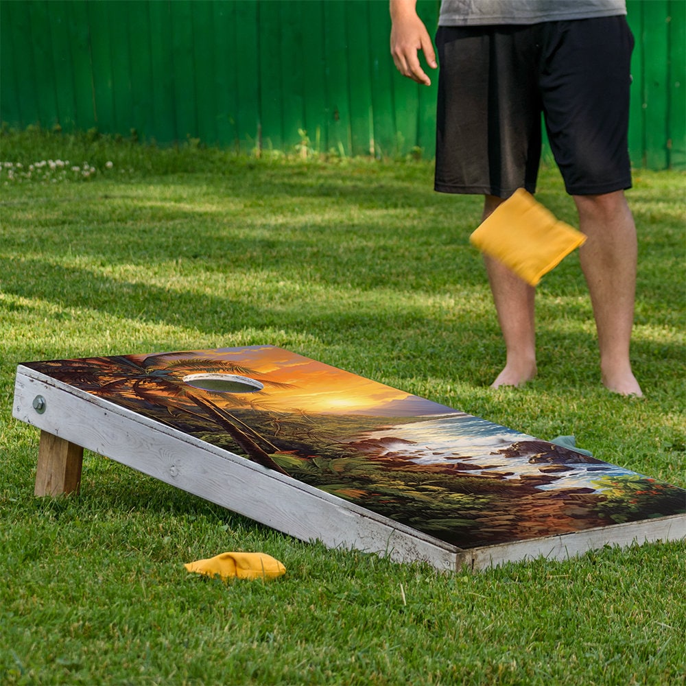 Cornhole Board Wraps and Decals for Boards Set of 2 Skins Professional Vinyl Covers Sticker - Tropical Beaches Painting Beach House Decal