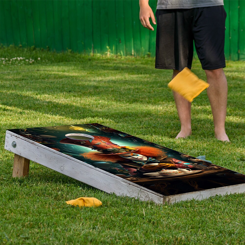 Cornhole Board Wraps and Decals for Boards Set of 2 Skins Professional Vinyl Cover Sticker-Mad Hatter Cheshire Cat Alice in Wonderland Decal