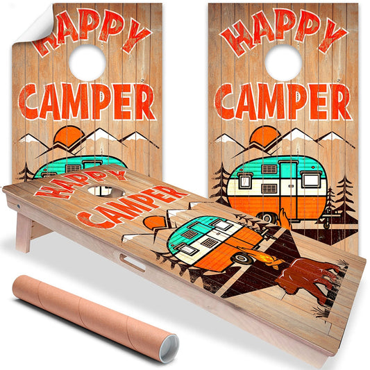 Cornhole Board Wraps and Decals for Boards Set of 2 Skins Professional Vinyl Covers Sticker - Happy Camper Wooden Plank Style Art Decal