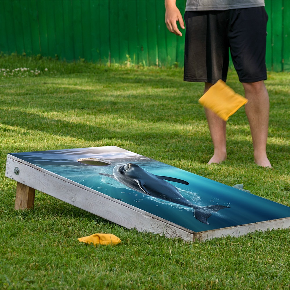 Cornhole Board Wraps and Decals for Boards Set of 2 Skins Professional Vinyl Sticker - Ocean Dolphins Beach House Decal