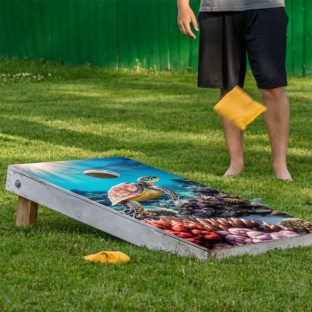 Cornhole Board Wraps and Decals for Boards Set of 2 Skins Professional Vinyl Sticker - Sea Turtles in Ocean Under Sea World Beach Decal