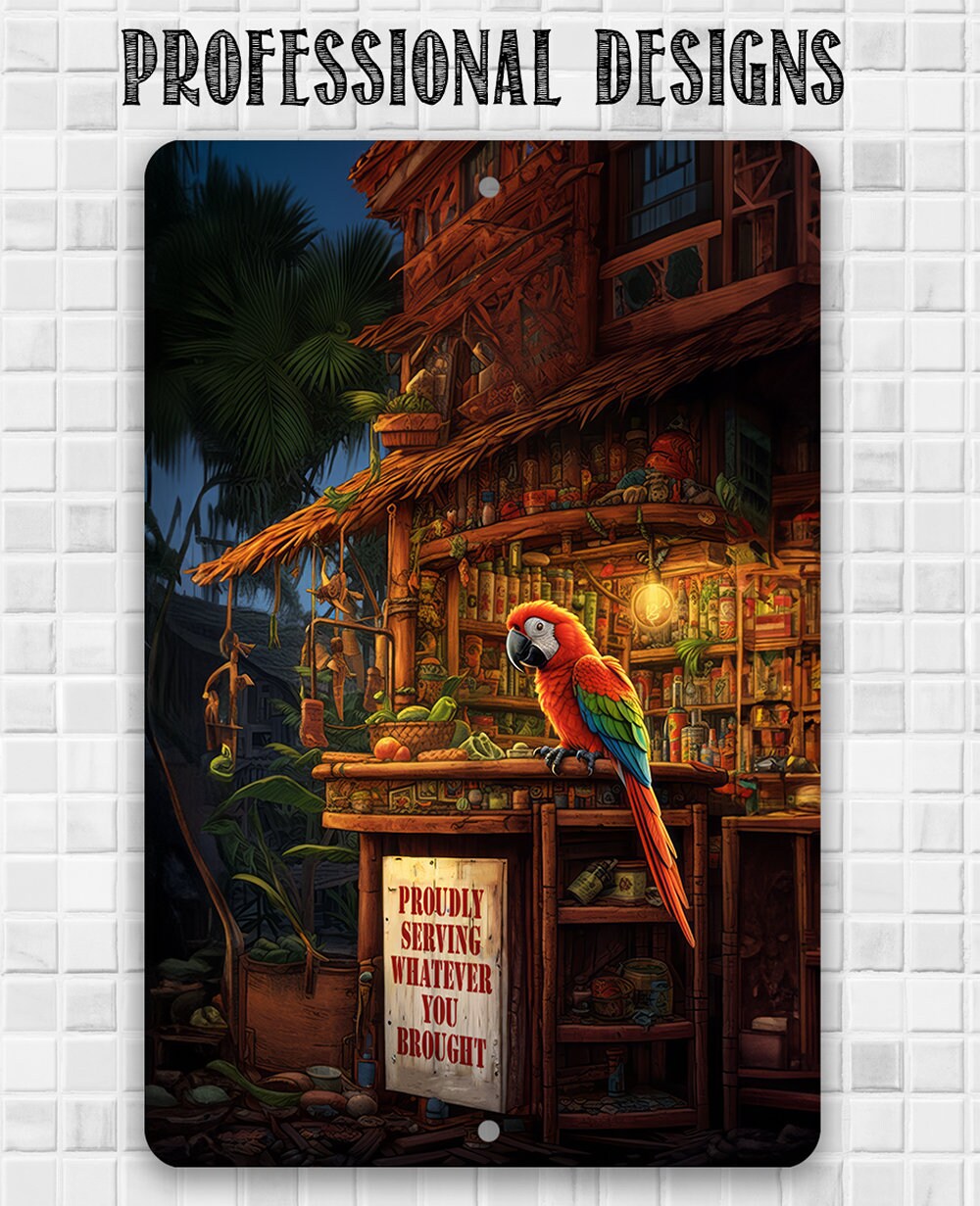 Tin - Tiki Parrot Bars - Durable 8"x12" or 12"x18" Metal Signs - Indoor or Outdoor - Makes a Great Gift and Funny Decor