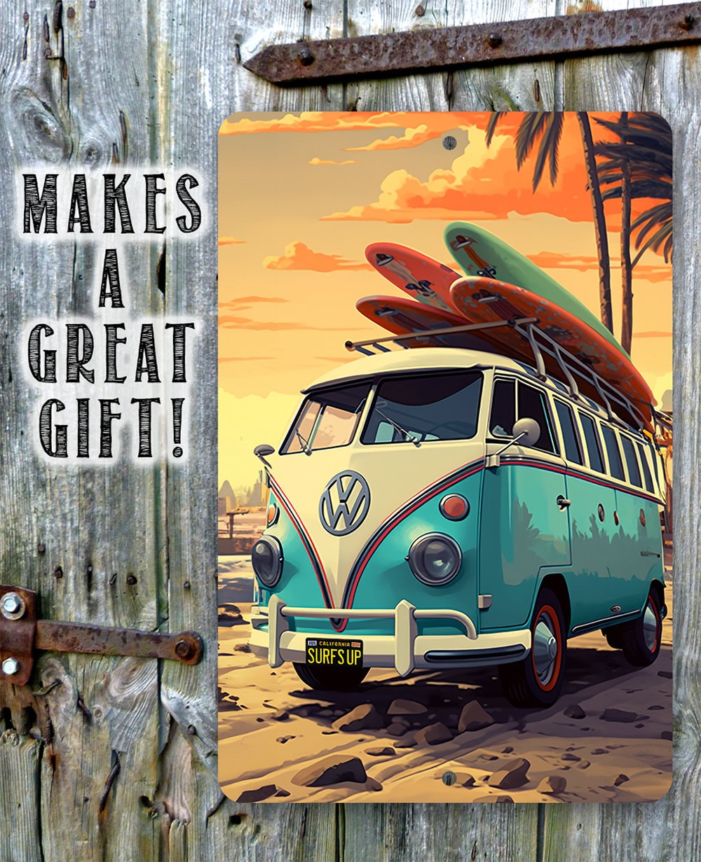 Tin - Surf's Up Van - Beach House and Summer Surfing Decor - Durable Metal Sign - 8" x 12" or 12" x 18" Aluminum Awesome Metal Poster