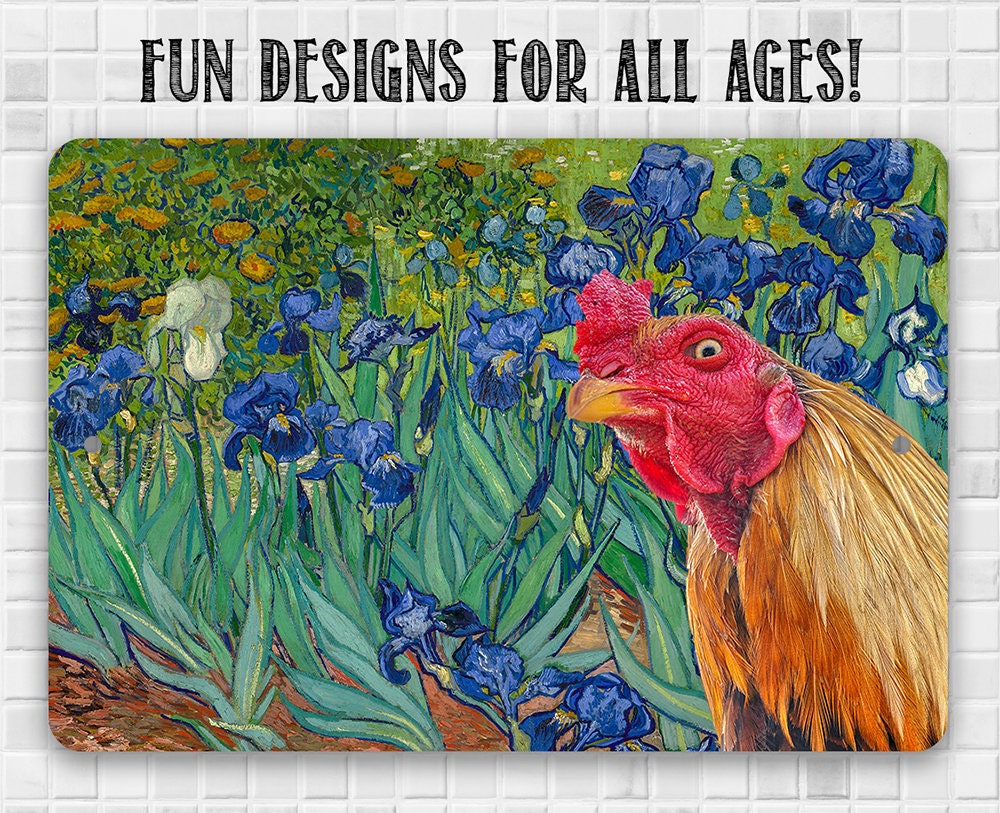 Irises Painting - Interrupted by Rooster - Metal Sign Metal Sign Lone Star Art