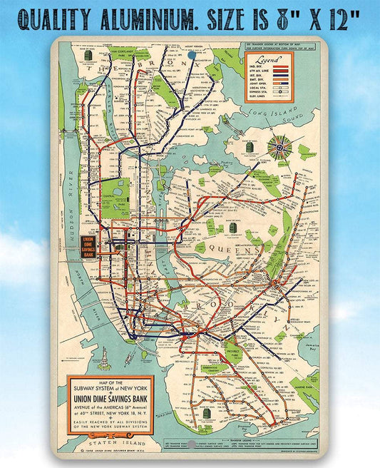 New York Subway Map 1948 - Metal Sign | Lone Star Art.