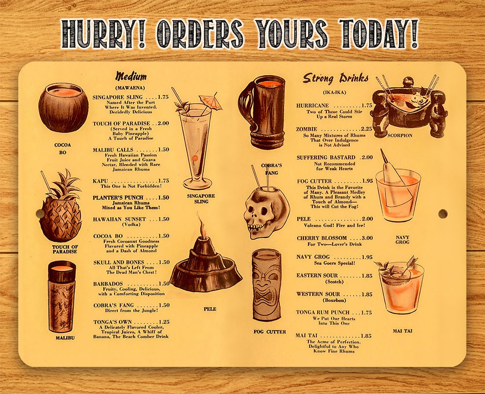 Metal Sign - Tiki Drinks Menu Sign - 8"x12" or 12"x18" - Durable Tin - Use Indoor/Outdoor - Makes a Great Bar Decor and Housewarming Gift Lone Star Art