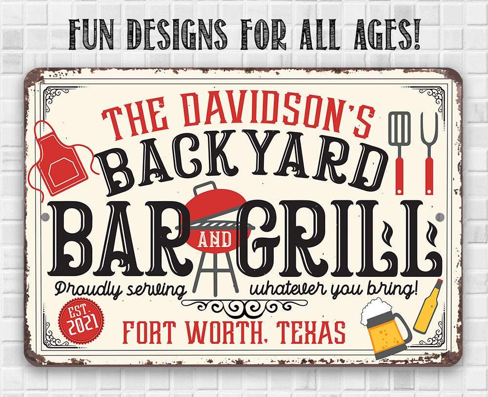 Personalized - Backyard Bar and Grill - Metal Sign | Lone Star Art.