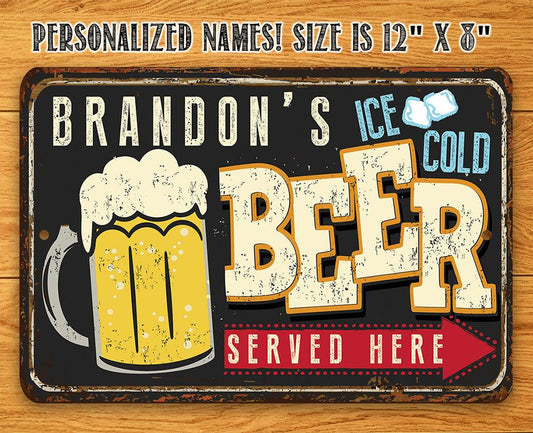 Personalized - Ice Cold Beer Served Here - Metal Sign | Lone Star Art.
