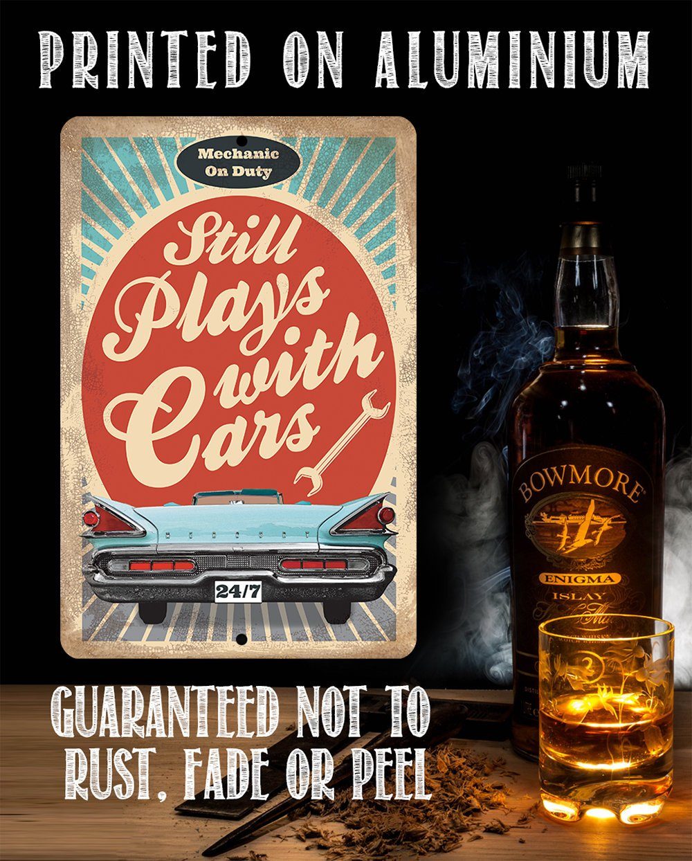 Still Plays With Cars - Metal Sign | Lone Star Art.
