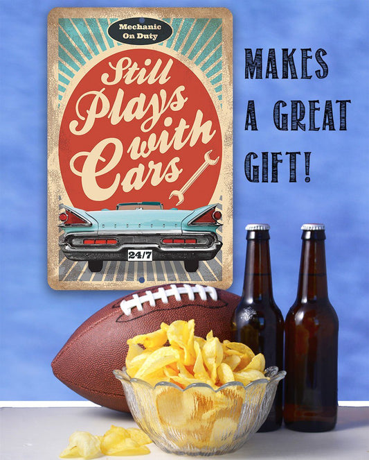 Still Plays With Cars - Metal Sign | Lone Star Art.