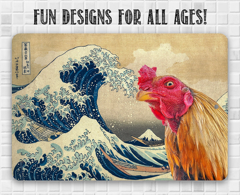 The Great Wave off Kanagawa Painting - Interrupted by Rooster- 8" x 12" or 12" x 18" Aluminum Tin Awesome Metal Poster Lone Star Art