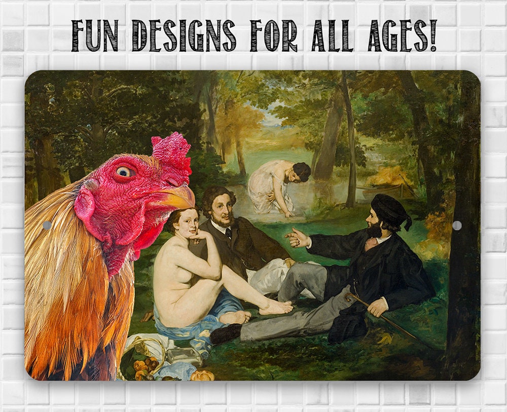 The Luncheon on the Grass Painting - Interrupted by Rooster - 8" x 12" or 12" x 18" Aluminum Tin Awesome Metal Poster Lone Star Art
