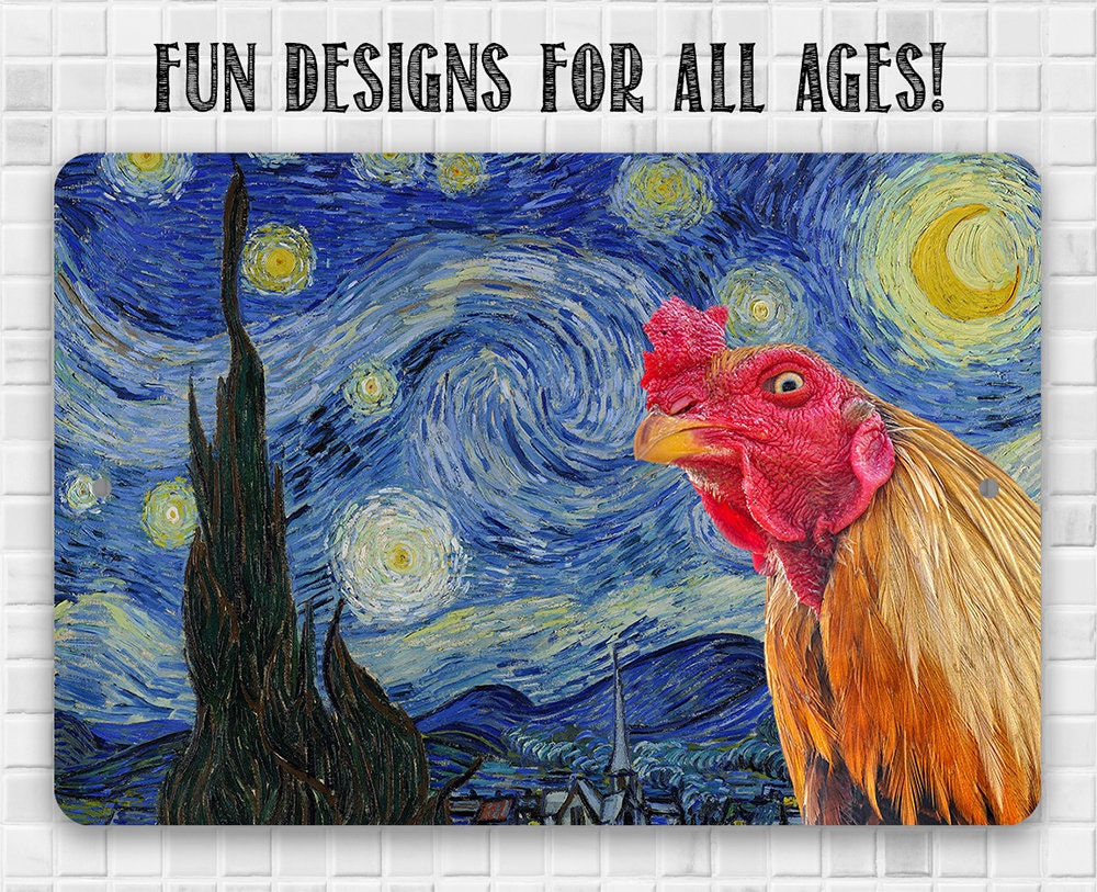 The Starry Night Painting - Interrupted by Rooster- 8" x 12" or 12" x 18" Aluminum Tin Awesome Metal Poster Lone Star Art