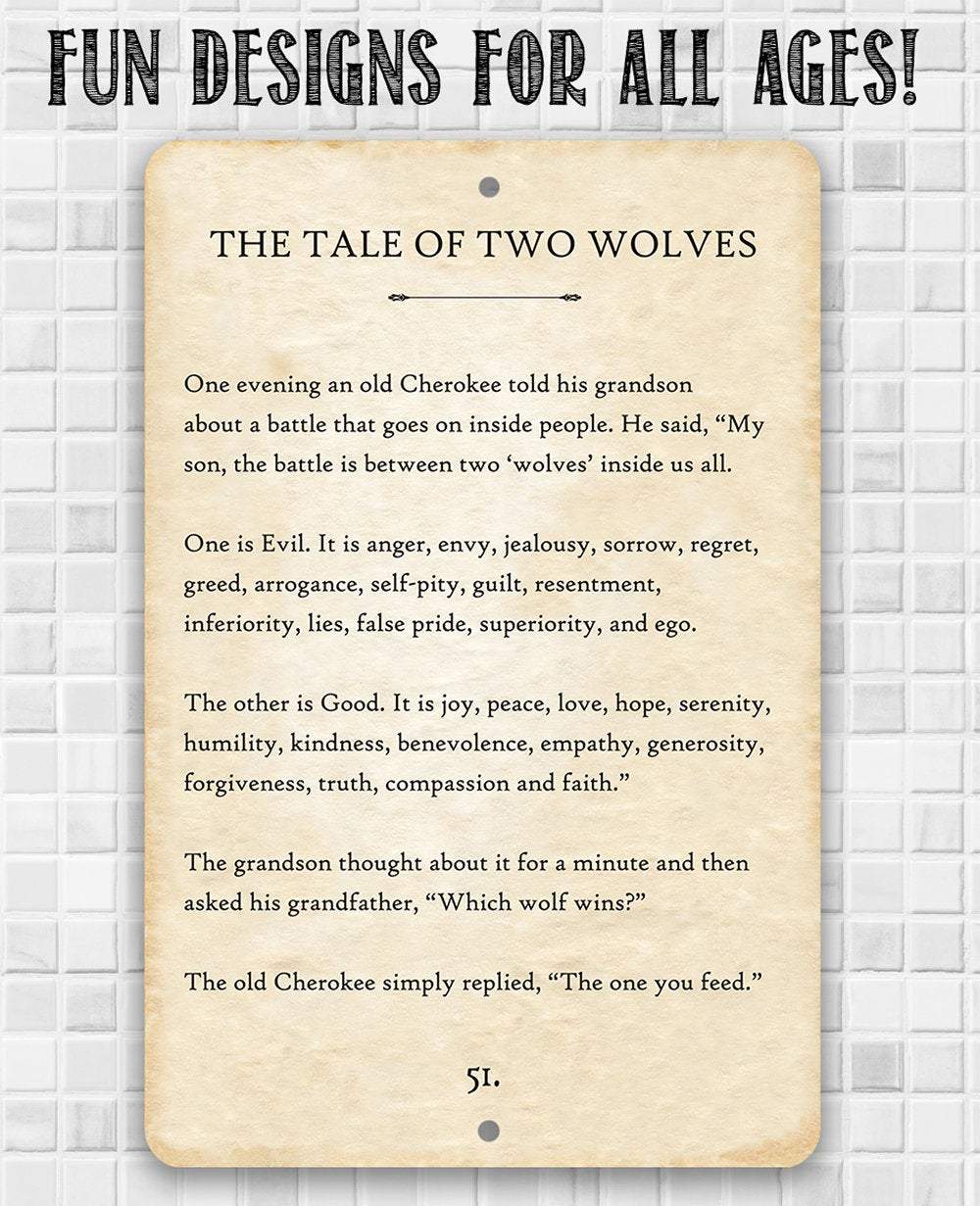 The Tale of Two Wolves - Metal Sign | Lone Star Art.