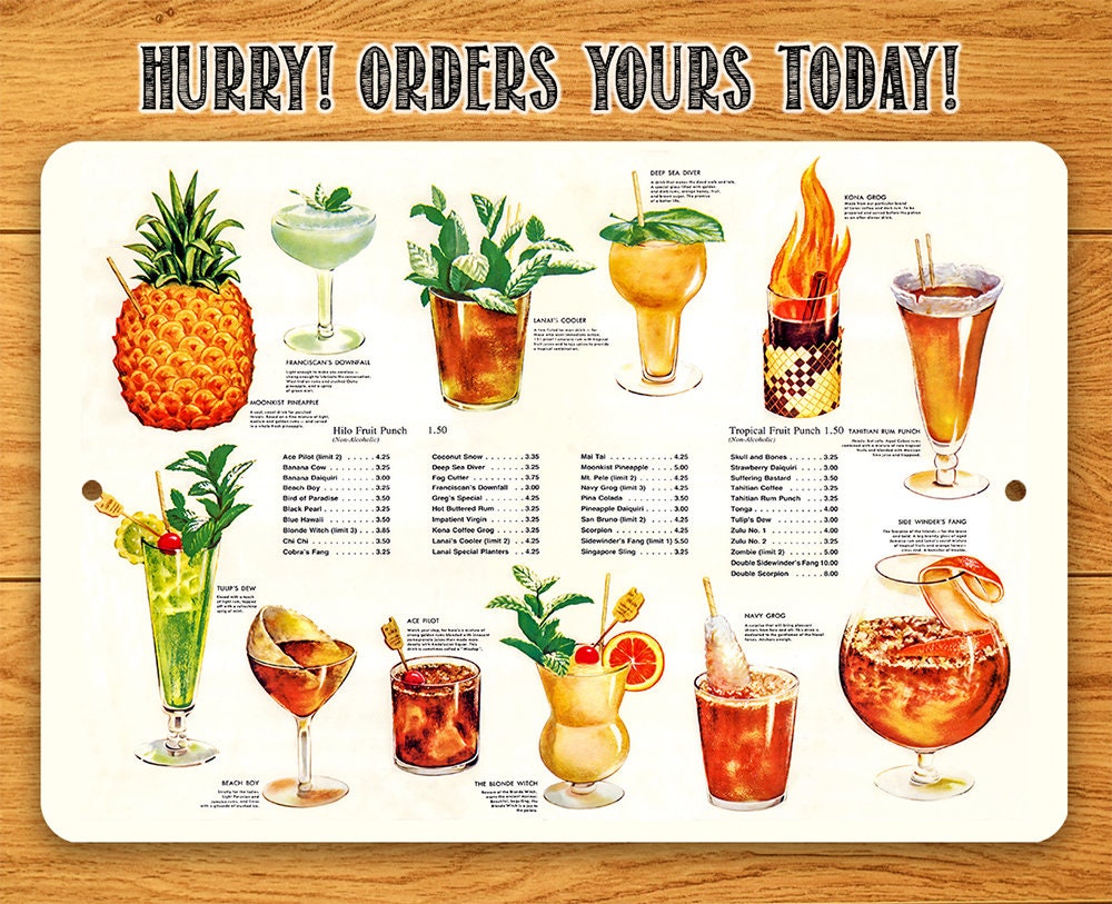 Tiki Tropical Drink Menu - Metal Sign Metal Sign Lone Star Art