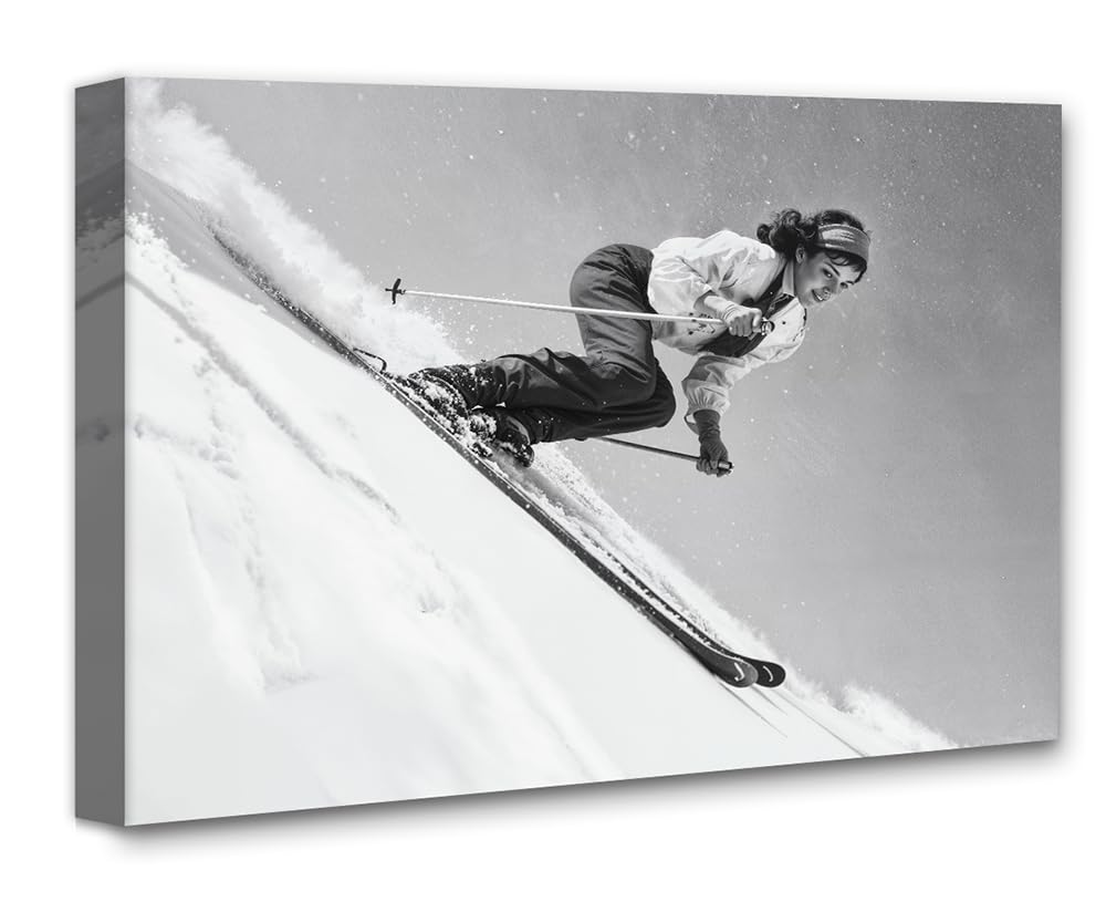 Woman Skiing Downhill Photo 11x14 Framed Poster – Black & White Ski Photography, Dynamic Sports Wall Art, Action Shot Of Winter Sports Adventure, Great Monochrome Artwork For Empowerment Dorm Décor