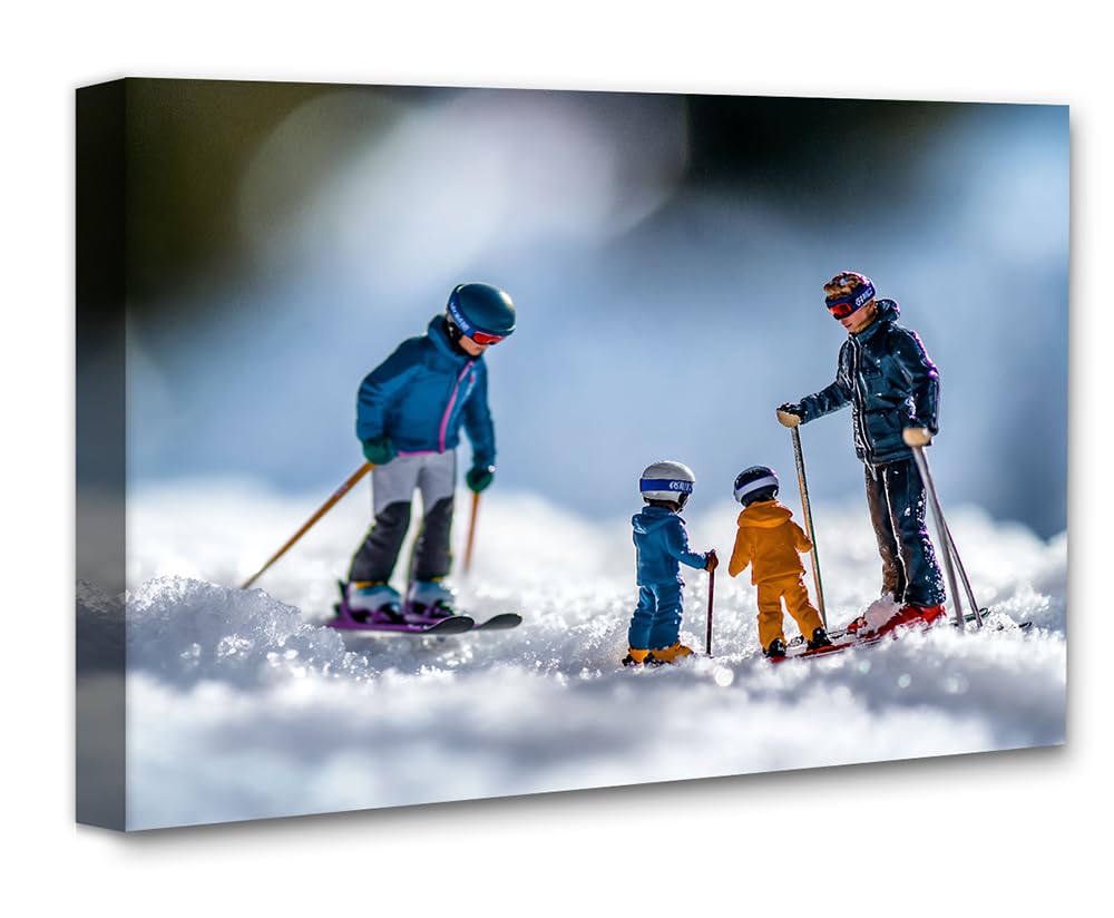 Learning to Ski - Miniature Figures on Snow 11x14 Framed Print, Fun Winter Sports Art, Tiny Skiers Winter Scene, Skiing Family Poster, Kids Room Decor, Ski Lodge & Cabin Decor, Gift for Skiers