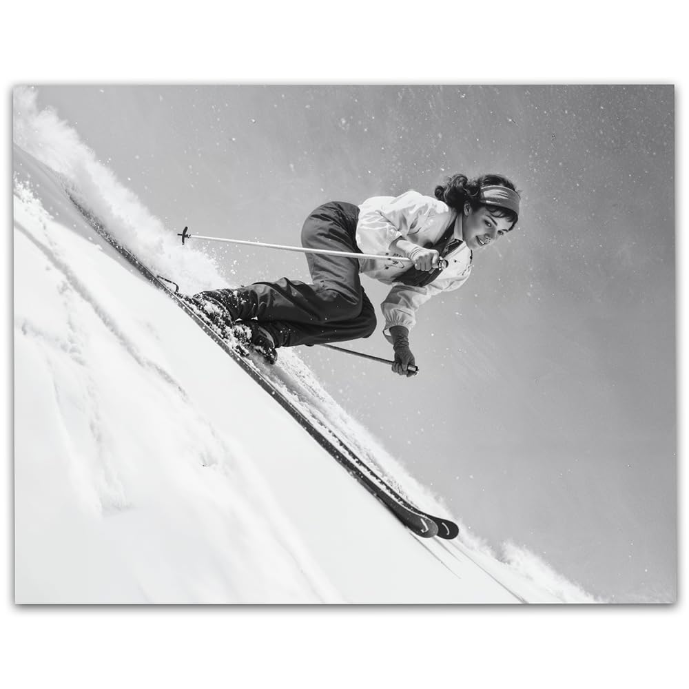 Woman Skiing Downhill Photo 11x14 Framed Poster – Black & White Ski Photography, Dynamic Sports Wall Art, Action Shot Of Winter Sports Adventure, Great Monochrome Artwork For Empowerment Dorm Décor