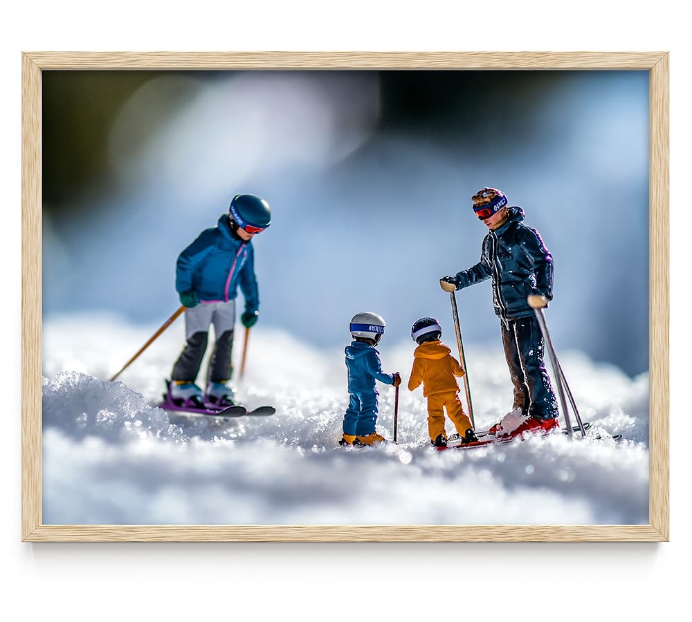 Learning to Ski - Miniature Figures on Snow 11x14 Framed Print, Fun Winter Sports Art, Tiny Skiers Winter Scene, Skiing Family Poster, Kids Room Decor, Ski Lodge & Cabin Decor, Gift for Skiers