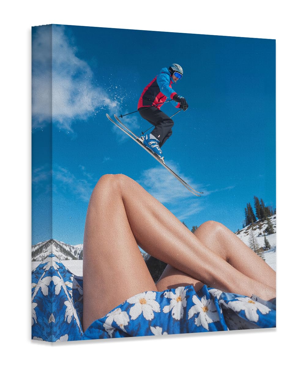 The Perfect Slope 11x14 Framed Poster - Ski Jump & Summer Contrast, Winter Adventure Sports Photography, Skiing Action with Blue Floral Dress, Juxtaposed Seasons, Modern Ski Resort Lodge Travel Décor