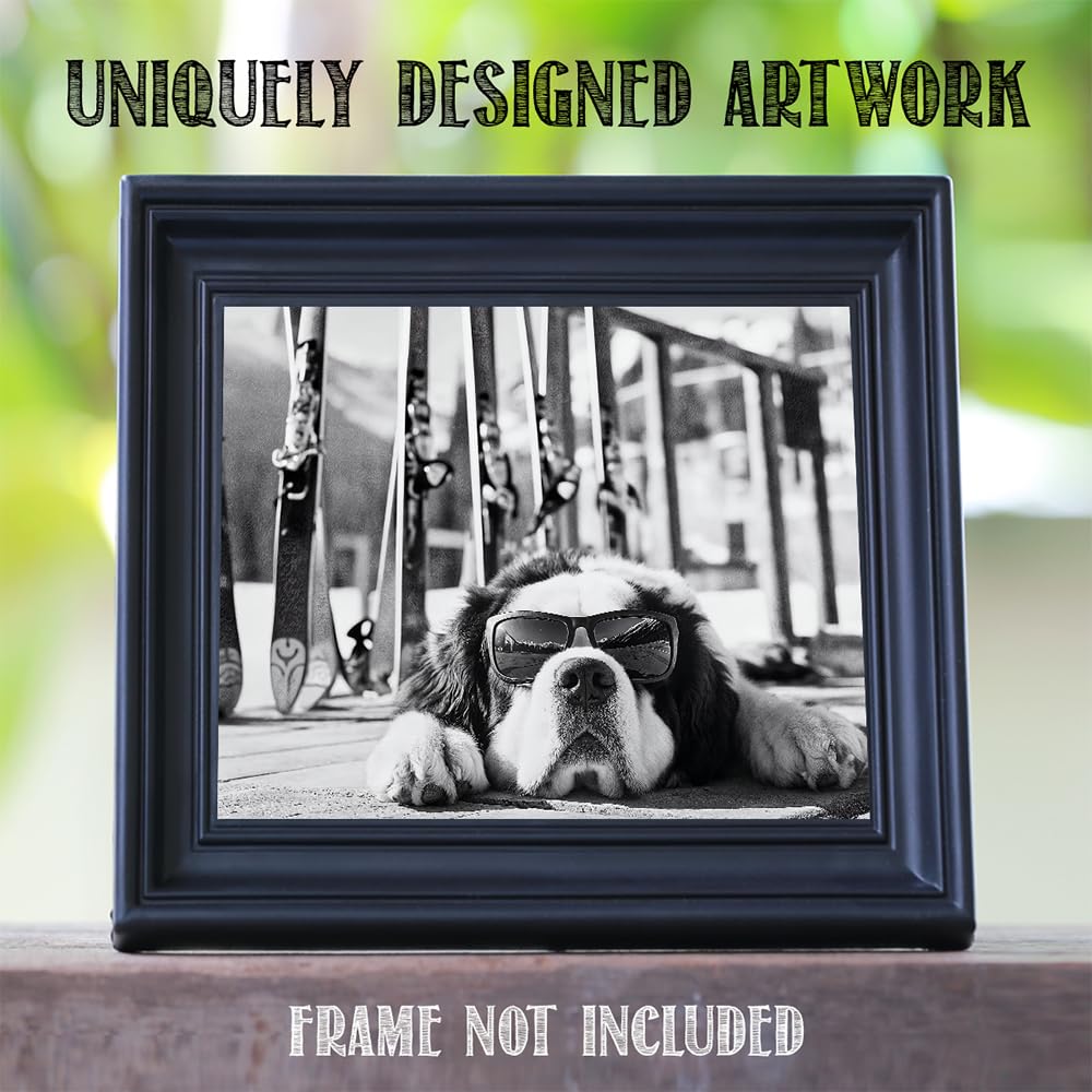 It Was a Long Run St. Bernard with Sunglasses Wall Art Ski Photo 11x14 Unframed Poster – Black & White Dog Ski Resort Print, Winter Sports Skiing Photography, Alpine Vacation Lodge Pet Décor