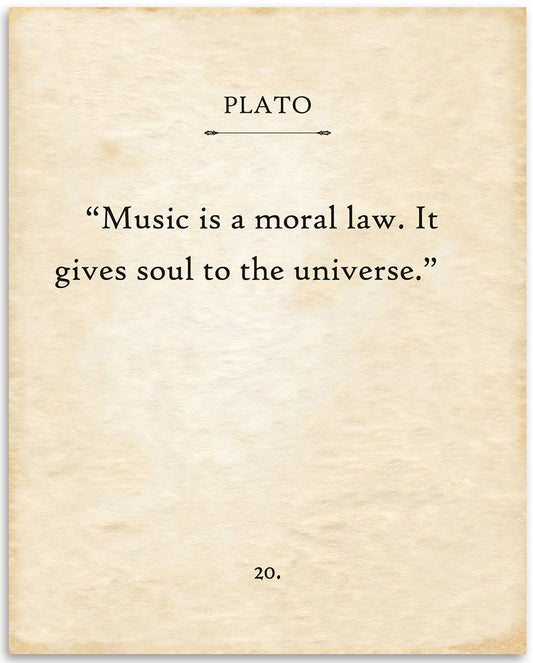 Plato - Music Is A Moral Law - Inspirational Wall Art Poster, Perfect Decor for Home, Office, Studio, Music Room and Classroom, Great Gift for Music Lovers, 11x14 Unframed Typography Book Page Print