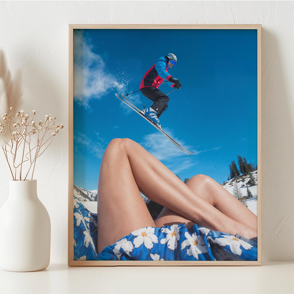 The Perfect Slope 11x14 Framed Poster - Ski Jump & Summer Contrast, Winter Adventure Sports Photography, Skiing Action with Blue Floral Dress, Juxtaposed Seasons, Modern Ski Resort Lodge Travel Décor