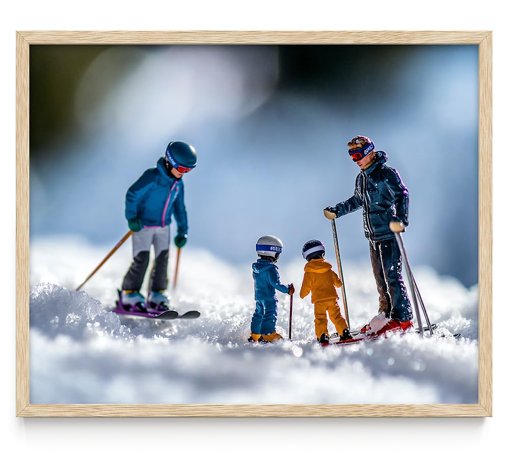 Learning to Ski - Miniature Figures on Snow 11x14 Unframed Print, Fun Winter Sports Art, Tiny Skiers Winter Scene, Skiing Family Poster, Kids Room Decor, Ski Lodge & Cabin Decor, Gift for Skiers