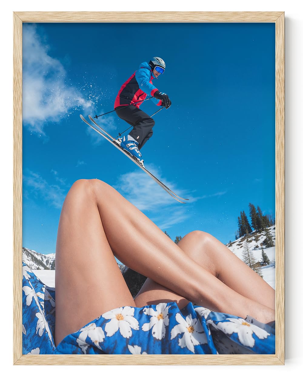 The Perfect Slope 11x14 Framed Poster - Ski Jump & Summer Contrast, Winter Adventure Sports Photography, Skiing Action with Blue Floral Dress, Juxtaposed Seasons, Modern Ski Resort Lodge Travel Décor
