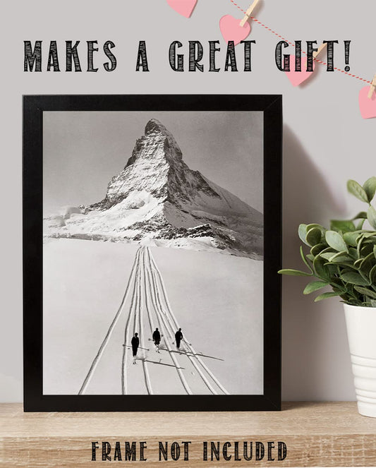 Skiing Matterhorn - 11x14 Unframed Art Print Poster - Great Vintage Black and White Photo Gift and Decor for Ski Lodge and Mountain Cabin