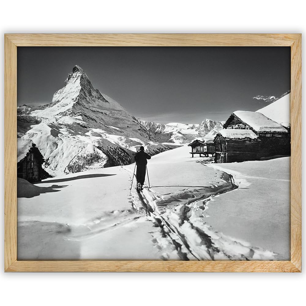 To the Matterhorn Lone Skier Black & White Photo – 11x14 Framed Poster, Swiss Alps Winter Landscape Art, Alpine Skiing Photography, Snowy Mountain Chalet Decor, Ski Lodge, Ski Resort Retro Gift