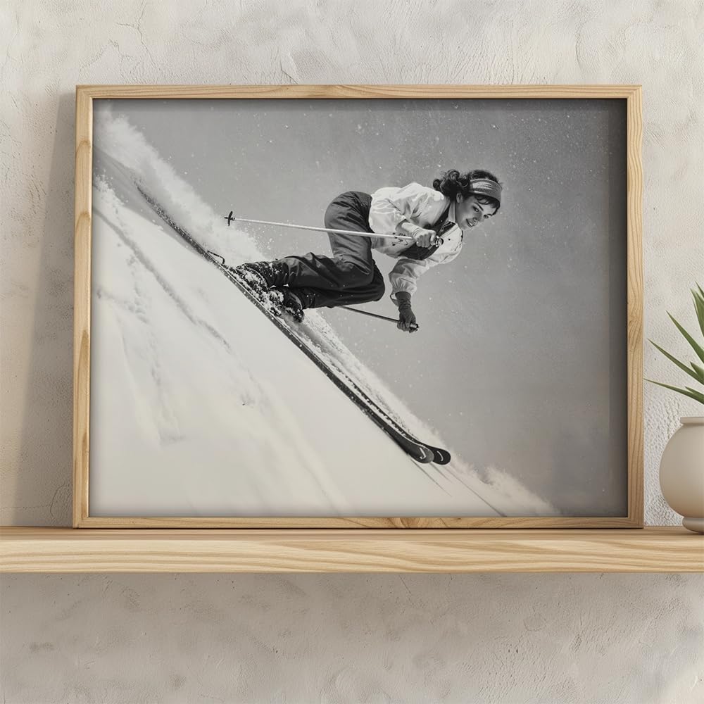 Woman Skiing Downhill Photo 11x14 Framed Poster – Black & White Ski Photography, Dynamic Sports Wall Art, Action Shot Of Winter Sports Adventure, Great Monochrome Artwork For Empowerment Dorm Décor