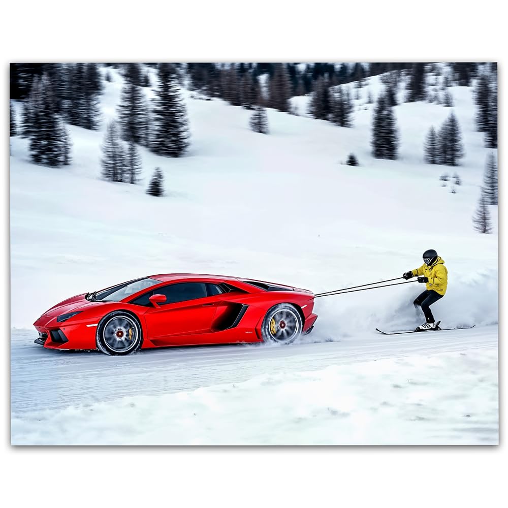 Hold On - Speed and Thrill 11x14 Framed Print, Supercar Poster for Man Cave Decor, Lamborghini Wall Art, Extreme Sports Print, Skiing Adventure Poster, High-Speed Racing, Adrenaline Décor