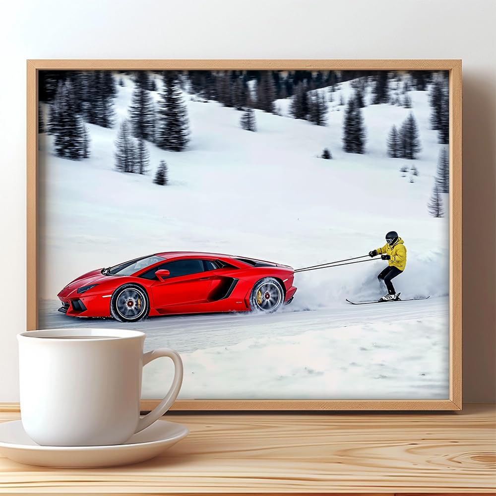 Hold On - Speed and Thrill 11x14 Framed Print, Supercar Poster for Man Cave Decor, Lamborghini Wall Art, Extreme Sports Print, Skiing Adventure Poster, High-Speed Racing, Adrenaline Décor
