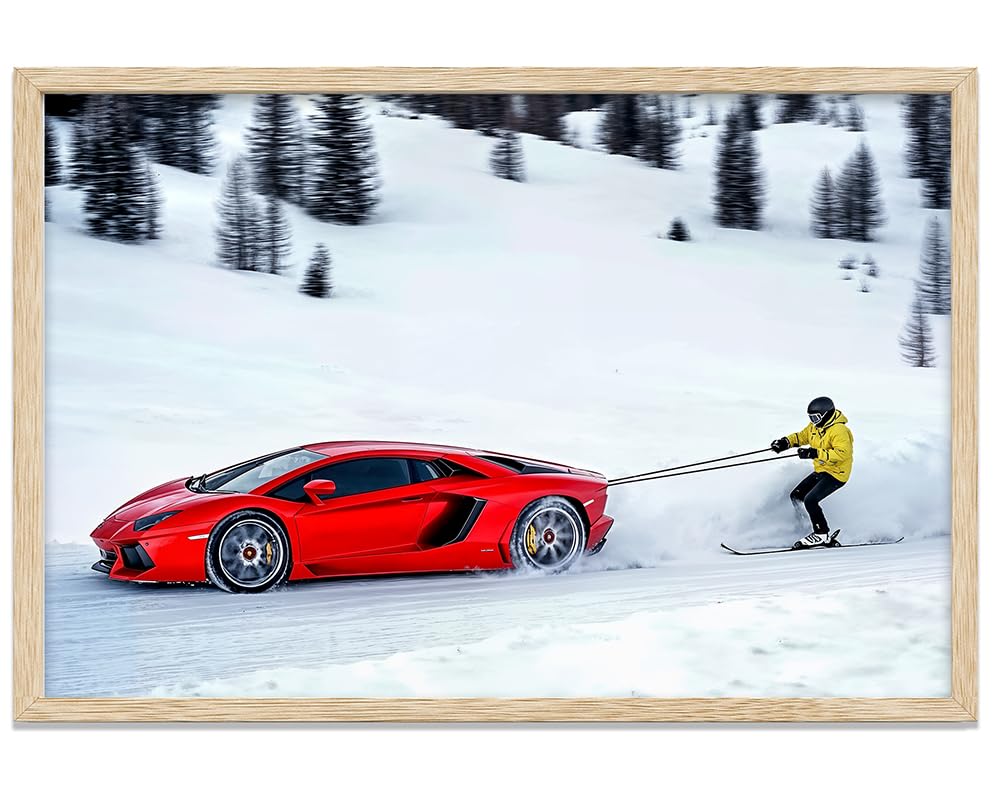 Hold On - Speed and Thrill 11x14 Framed Print, Supercar Poster for Man Cave Decor, Lamborghini Wall Art, Extreme Sports Print, Skiing Adventure Poster, High-Speed Racing, Adrenaline Décor