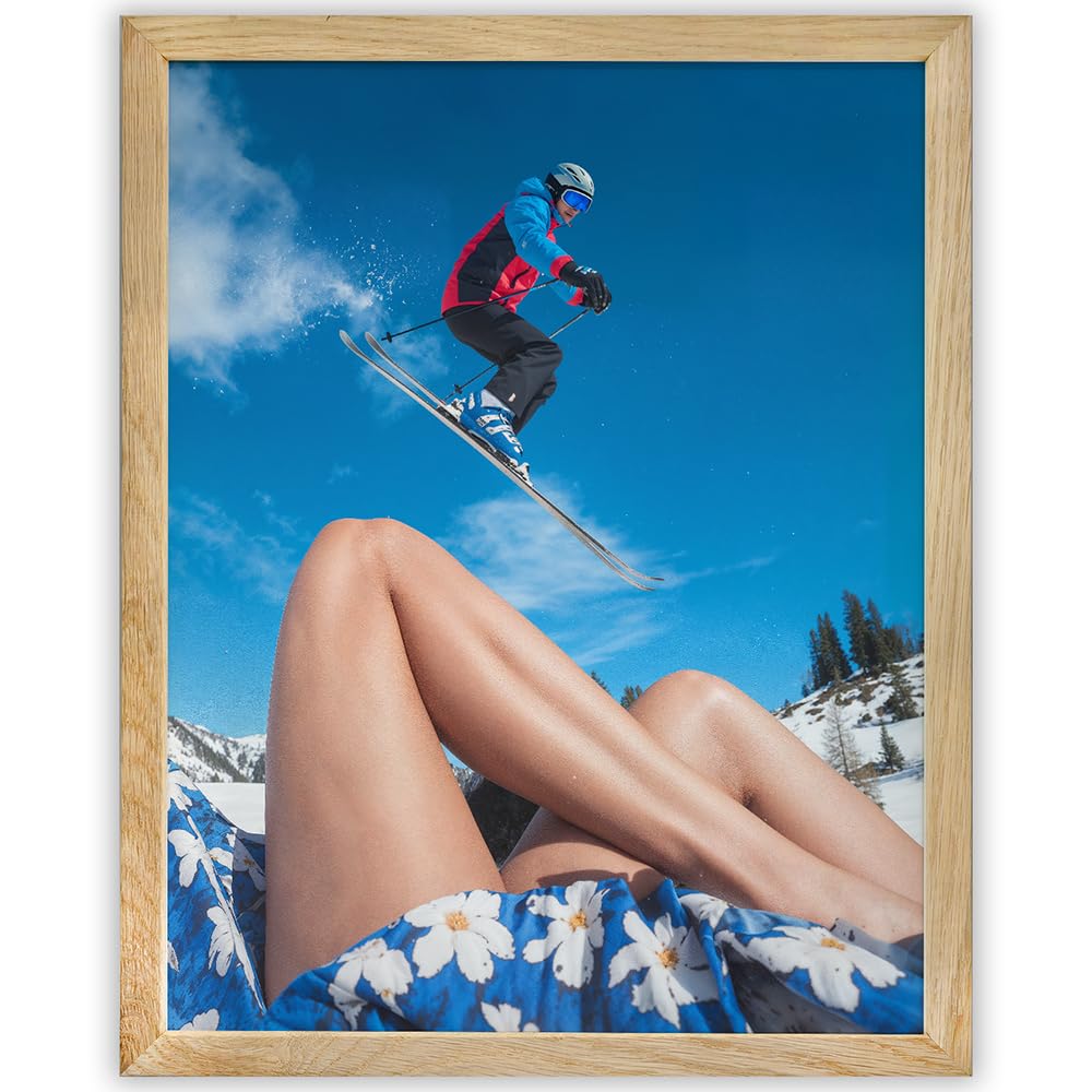 The Perfect Slope 11x14 Framed Poster - Ski Jump & Summer Contrast, Winter Adventure Sports Photography, Skiing Action with Blue Floral Dress, Juxtaposed Seasons, Modern Ski Resort Lodge Travel Décor
