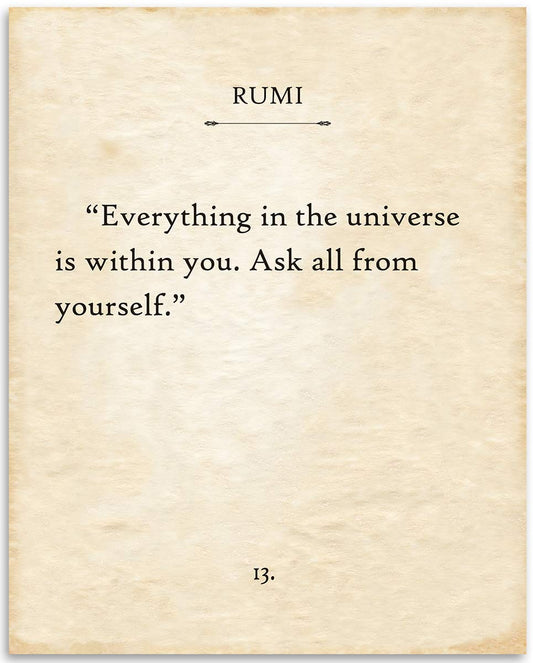 Rumi - Everything In The Universe - Positive Vibes Affirmations, Motivational Poem Print Poster for Bedroom, Antique Book Page Gift for Book Lovers, 11x14 Unframed Typography Art Print Poster