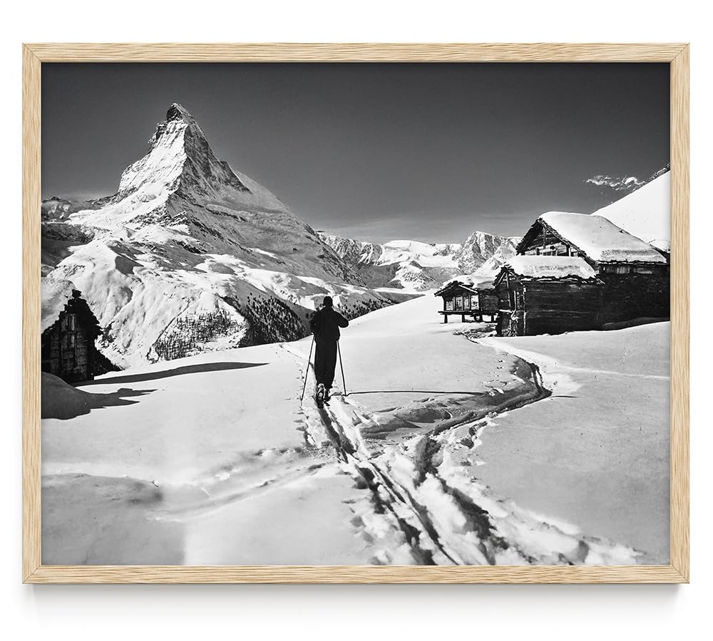 To the Matterhorn Lone Skier Black & White Photo – 11x14 Framed Poster, Swiss Alps Winter Landscape Art, Alpine Skiing Photography, Snowy Mountain Chalet Decor, Ski Lodge, Ski Resort Retro Gift