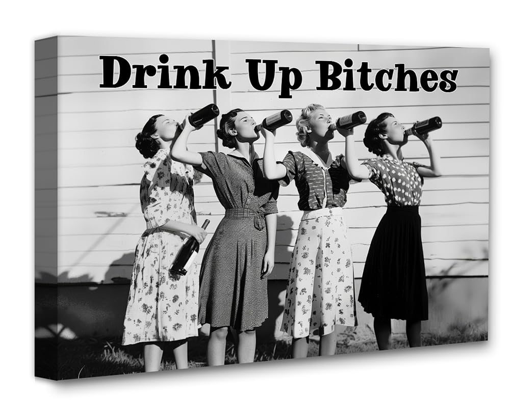 Drink Up Bitches-11x14 Framed Poster - Retro Black & White Photo, Prohibition Era Women Drinking - For Bars, Cafes, Dorms, Apartments -Feminist Speakeasy Decor for Pubs, Kitchens, & Stylish Room Decor