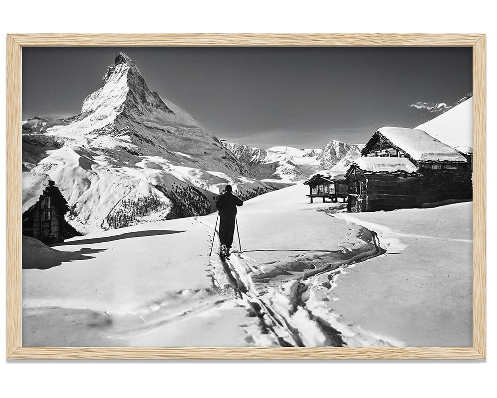 To the Matterhorn Lone Skier Black & White Photo – 11x14 Framed Poster, Swiss Alps Winter Landscape Art, Alpine Skiing Photography, Snowy Mountain Chalet Decor, Ski Lodge, Ski Resort Retro Gift