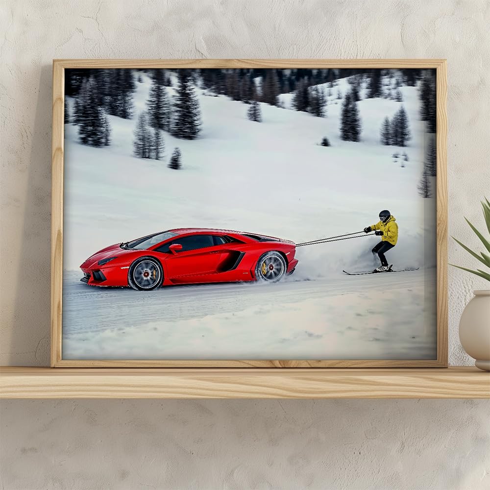 Hold On - Speed and Thrill 11x14 Framed Print, Supercar Poster for Man Cave Decor, Lamborghini Wall Art, Extreme Sports Print, Skiing Adventure Poster, High-Speed Racing, Adrenaline Décor
