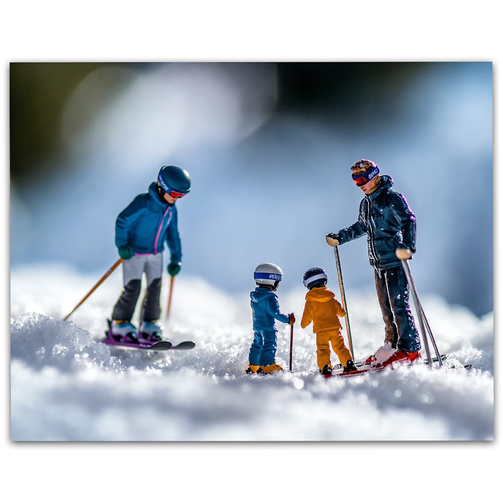 Learning to Ski - Miniature Figures on Snow 11x14 Framed Print, Fun Winter Sports Art, Tiny Skiers Winter Scene, Skiing Family Poster, Kids Room Decor, Ski Lodge & Cabin Decor, Gift for Skiers