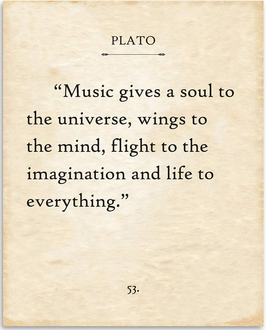 Plato - Music Gives A Soul To The Universe - Inspirational Quote Home and Office Decor, Great Gift Idea for Music Lovers and Musicians, 11x14 Unframed Inspirational Book Page Print Poster