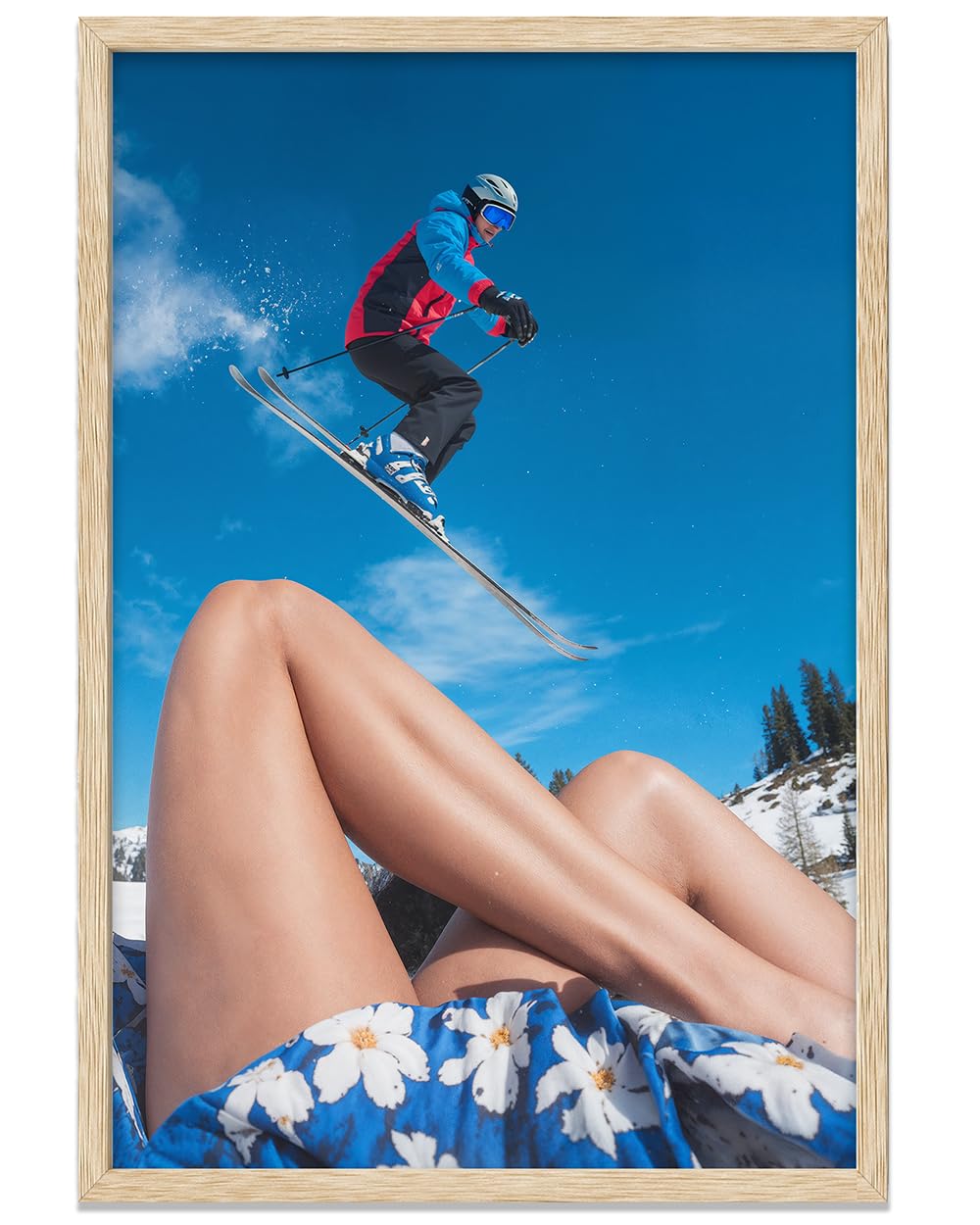 The Perfect Slope 11x14 Framed Poster - Ski Jump & Summer Contrast, Winter Adventure Sports Photography, Skiing Action with Blue Floral Dress, Juxtaposed Seasons, Modern Ski Resort Lodge Travel Décor