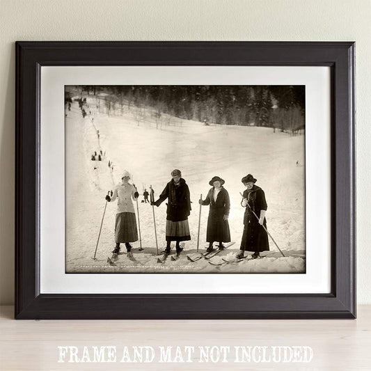 Lady Skiers Antique Print - Vintage Winter Sports Wall Art, Vintage Decor for Lodge and Cabin, Skiing Equipment Wall Decor, Classic Gift for Skiers, 11x14 Unframed Art Print